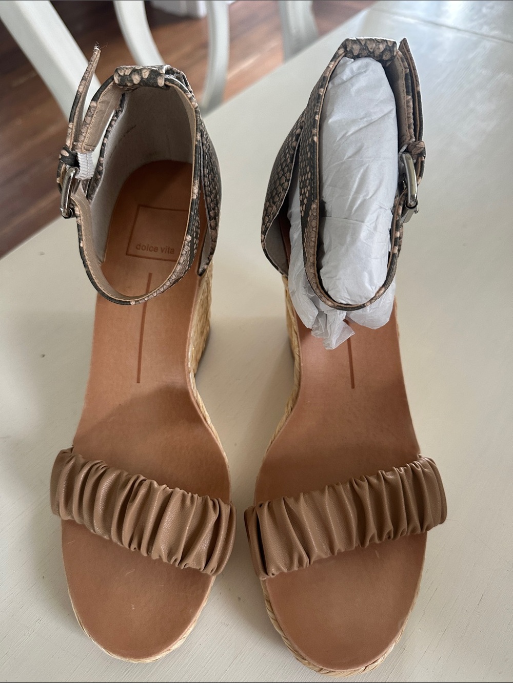 Dolce Vita Neutral Tan Espadrille Wedges with Snakeskin Ankle Strap
